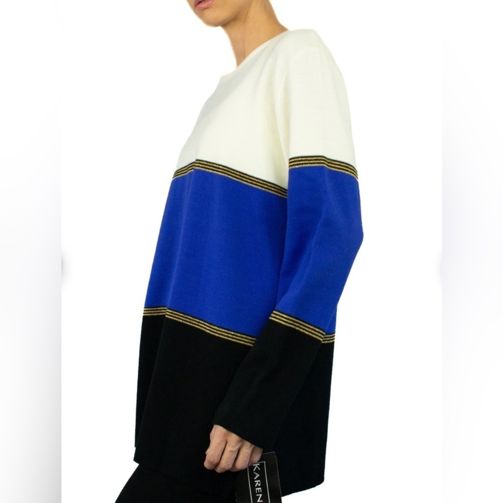 Karen Lessly Women Sweater Large $80 Cream Blue Oversized Boxy Acrylic Vtg USA